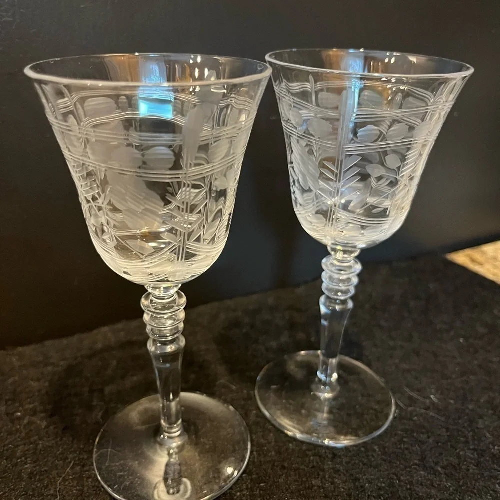 Vintage Etched Cordial Aperitif Glasses Set of Two